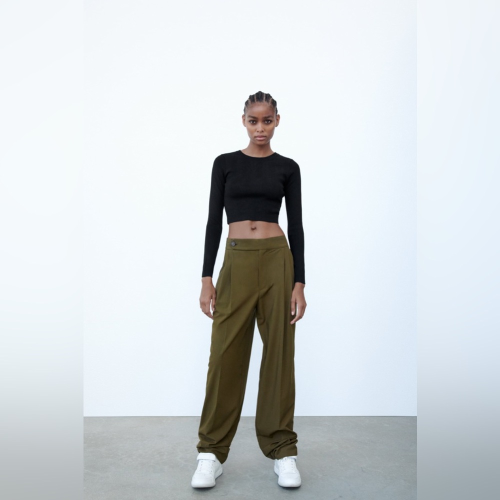 Zara Olive High-Rise Wide-Leg Trousers